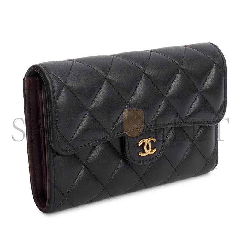 CHANEL BLACK LAMBSKIN QUILTED MEDIUM FLAP WALLET A84341 (15*10*2.5cm)